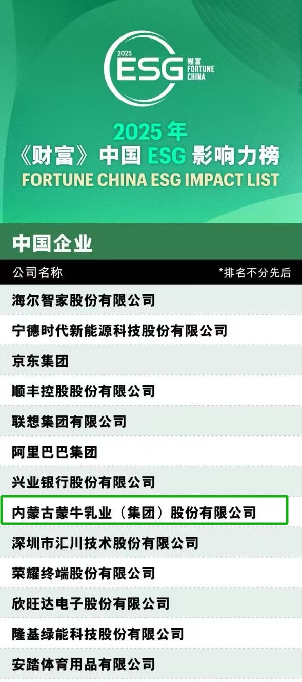 中國乳業(yè)唯一！蒙牛榮登2025年《財富》中國ESG影響力榜